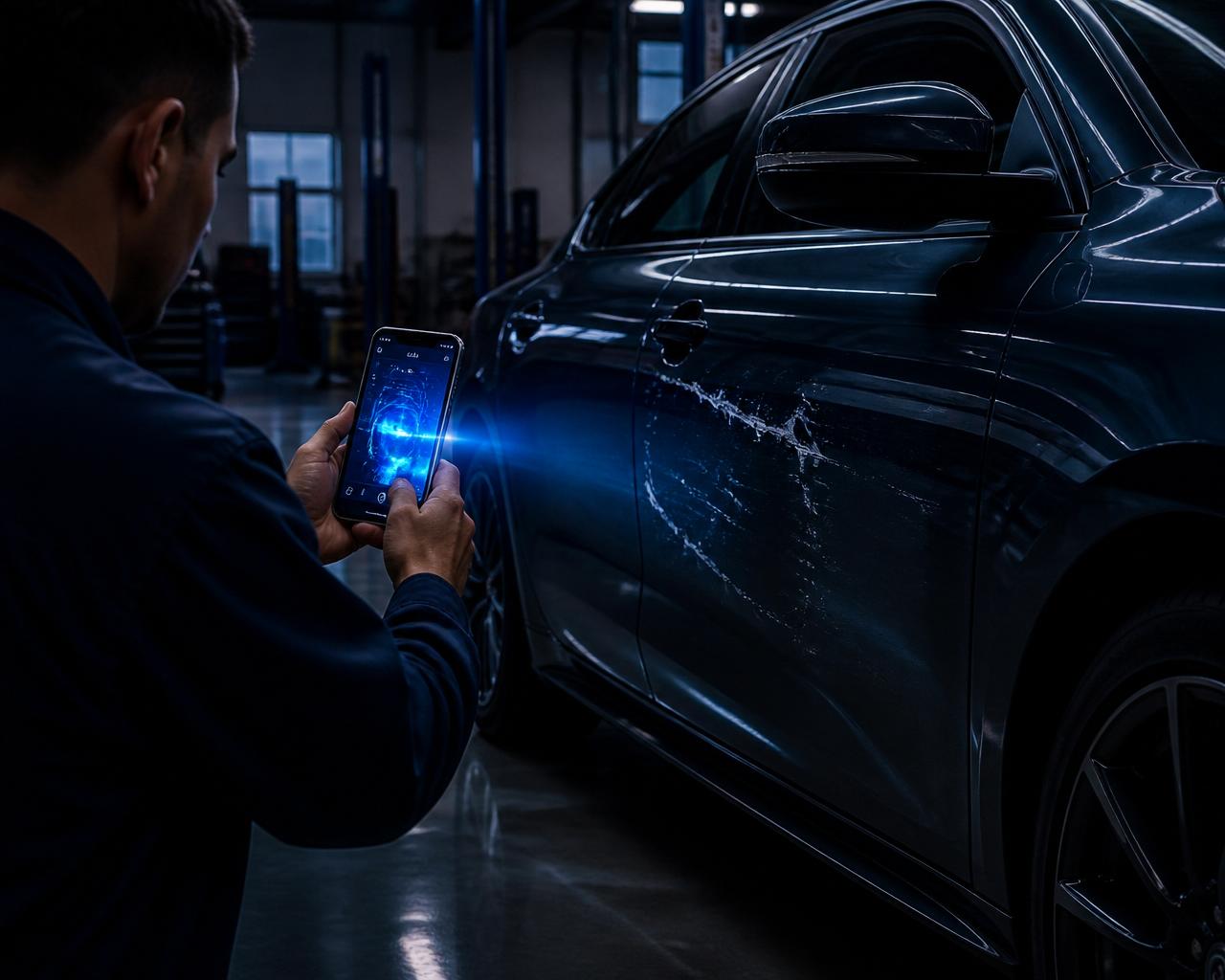 A driver using their smartphone to scan bodywork damage on a dark car in a modern garage, with an electric blue AI overlay on the screen